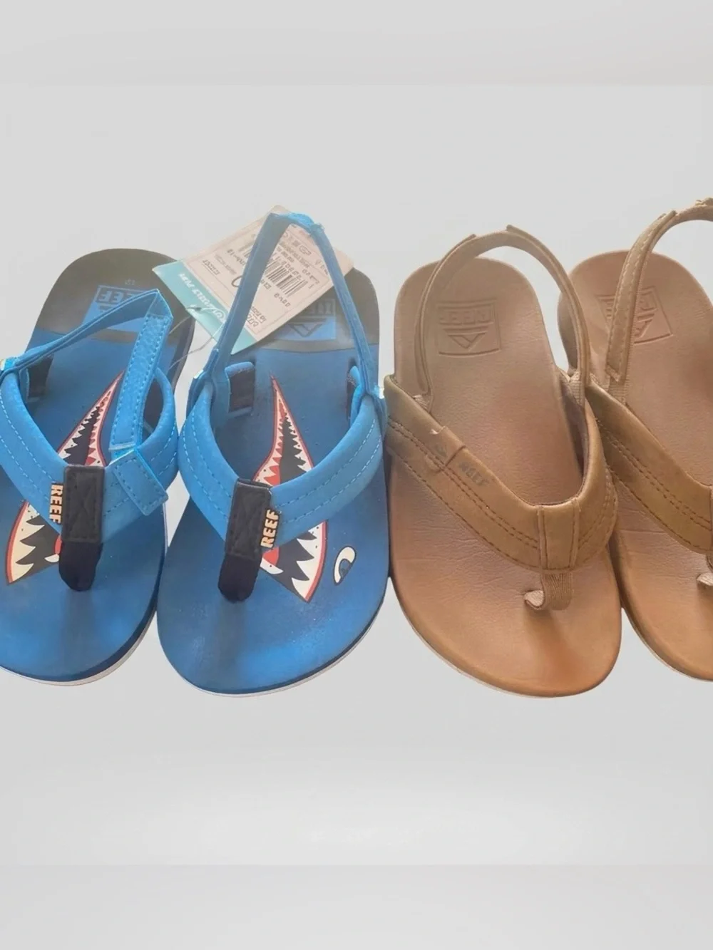 Reef Boys Summer Blue Shark and Brown Kids Flip Flop Bundle - size 10